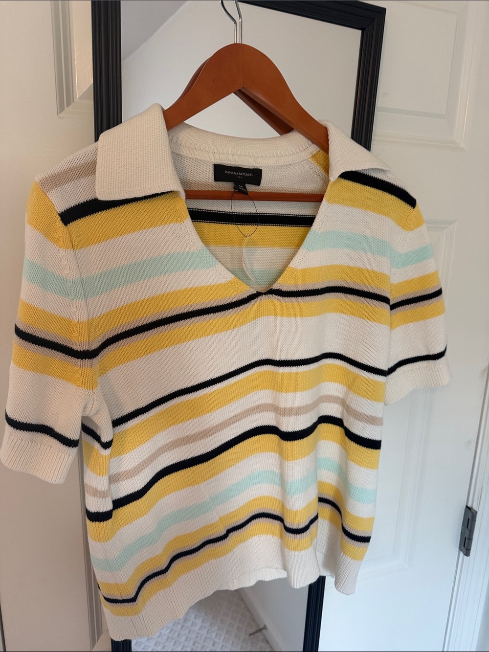 Banana Republic Short Sleeve Striped Polo Sweater in Yellow, Black, Mint, Cream